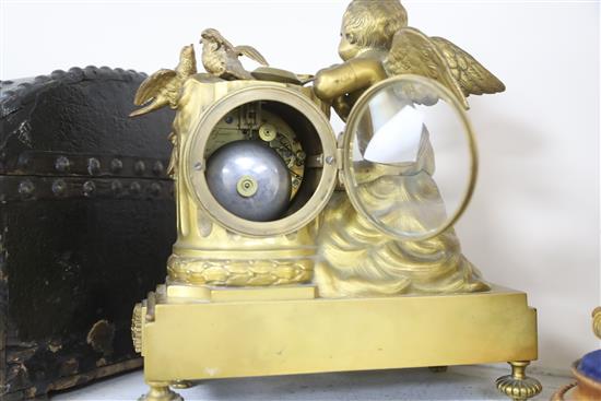 Scheerer of Paris. A late 19th century French ormolu and Sevres style porcelain mantel clock, width 9.75in. depth 5in. height 10.25in.